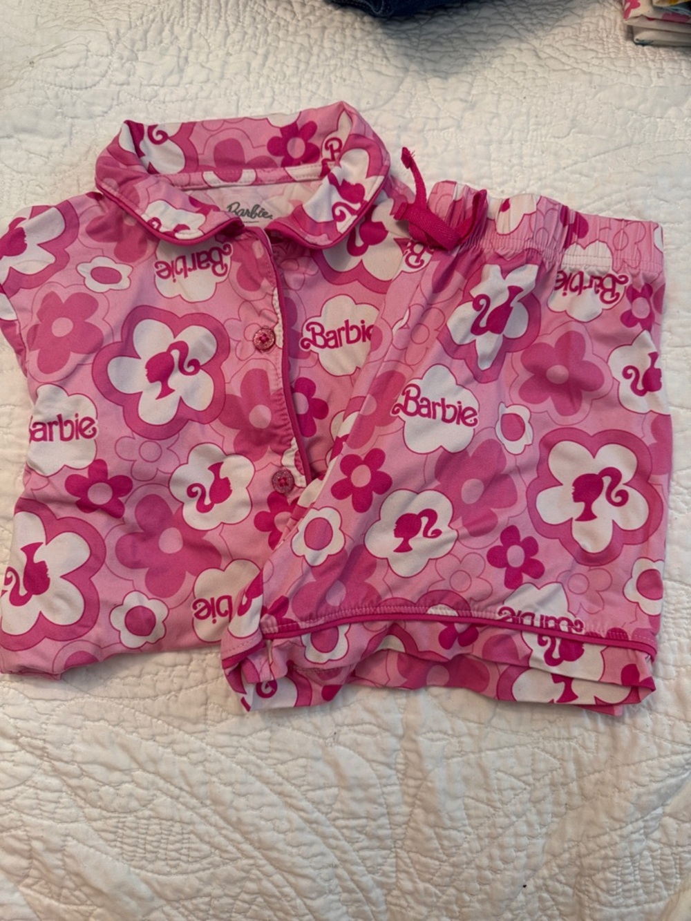 Barbie Pink & White Floral Logo Kids Pajama Set